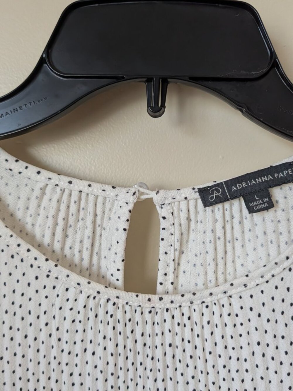 Adrianna Papell White Polka Dot Blouse Size L | Ruffle Sleeve Scoop Neck Top - Picture 4 of 6